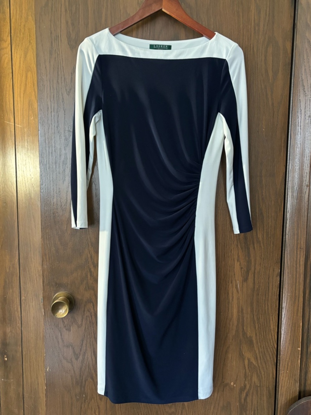 Ralph Lauren Navy and White Ruched Sheath Dress
